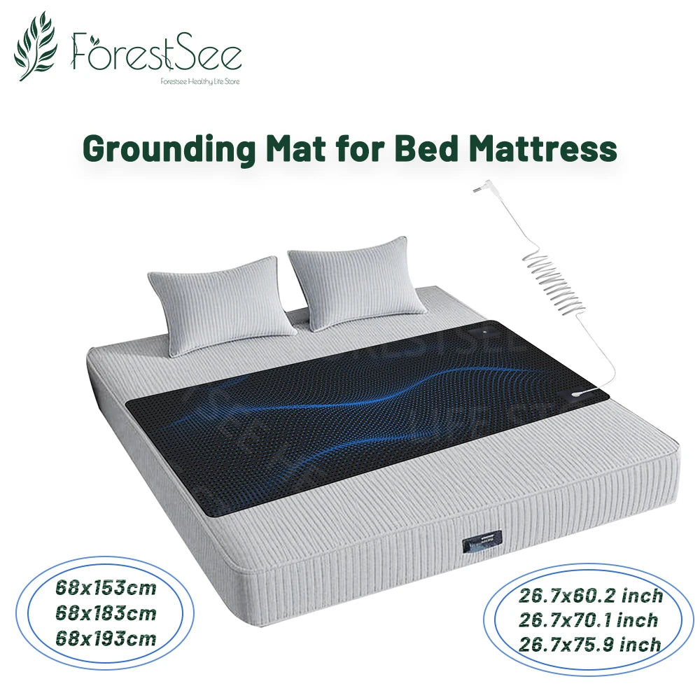 Grounding mat for bed mattress with dimensions displayed, branded as ForestSee.
