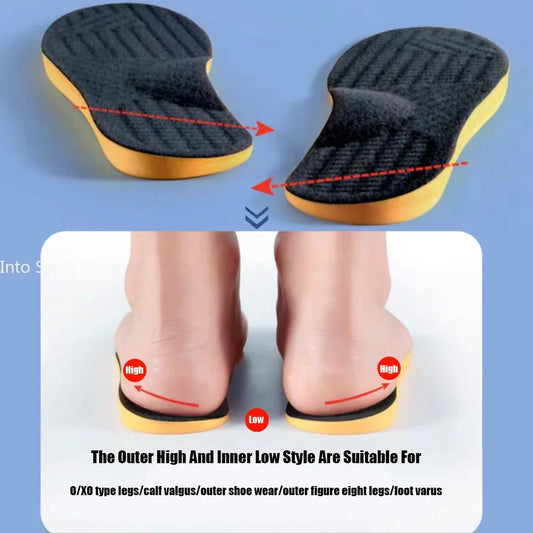 Insole with text explaining its use for correcting leg alignment issues.