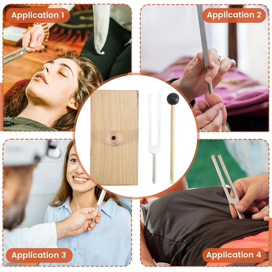 Collage of a tuning fork being used in various applications with close-up details.