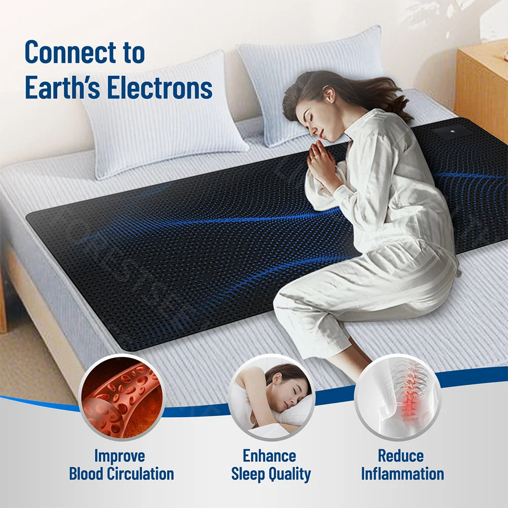 Woman lying on a mattress with a black mat, surrounded by text and icons about health benefits.