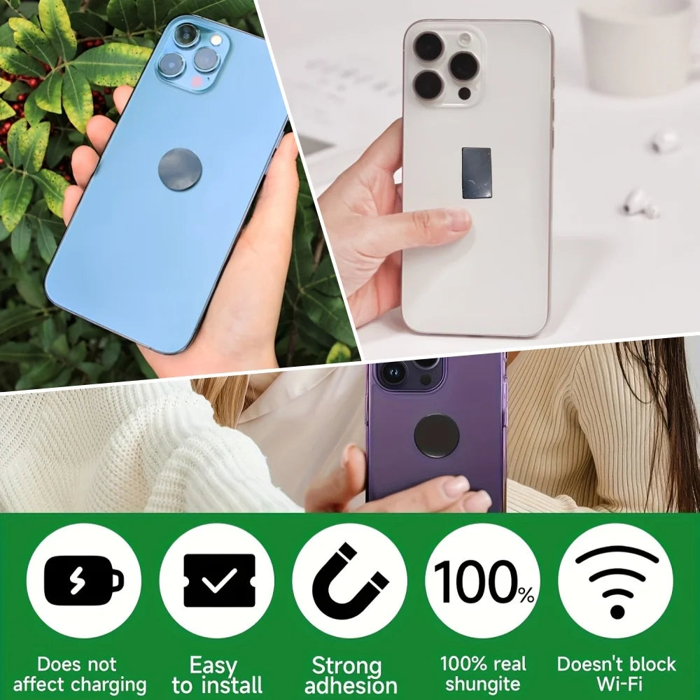 Collage of a blue and white phone held by people with greenery and a white background.
