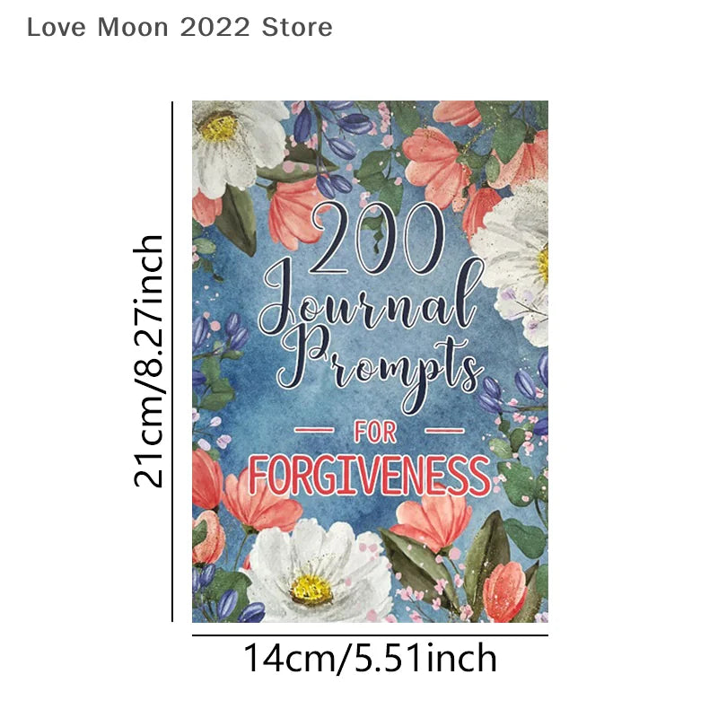 Floral notebook titled '200 Journal Prompts for Forgiveness' with dimensions on a white background.