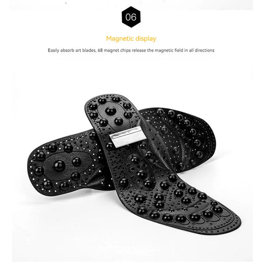 Black acupressure sandals with magnetic display feature on a white background