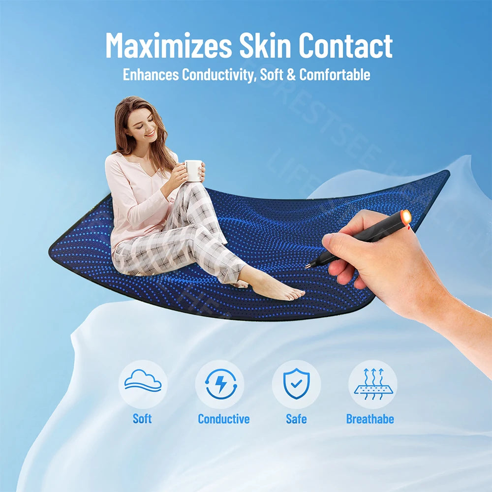 Person using a device on a blue background with text about maximizing skin contact and product features.