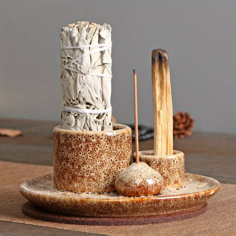4-in-1 Morandi Ceramic Incense Burner & Candle Holder – Palo Santo & Sage