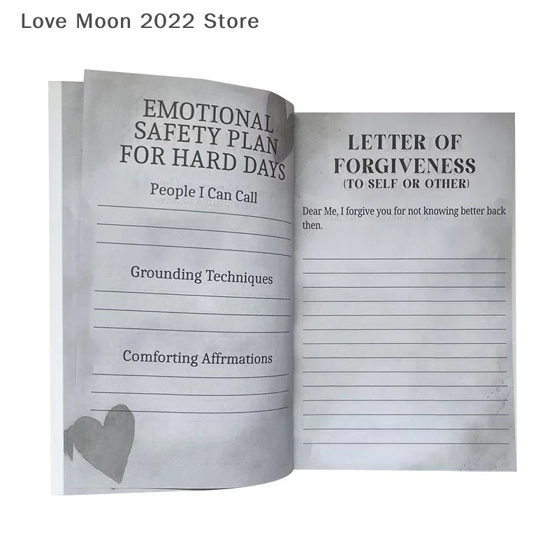Open book with sections titled 'Emotional Safety Plan for Hard Days' and 'Letter of Forgiveness'.