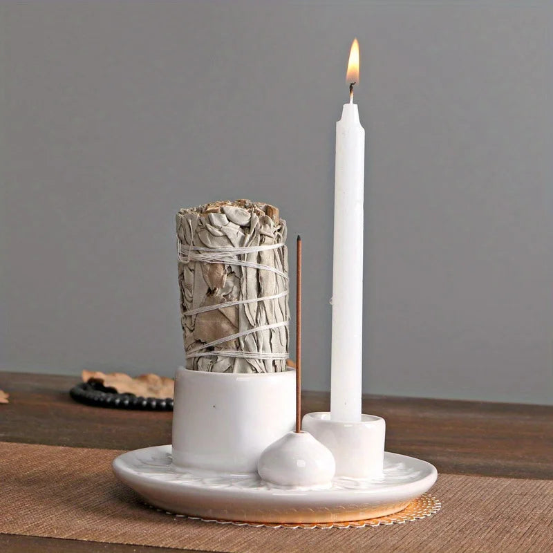 4-in-1 Morandi Ceramic Incense Burner & Candle Holder – Palo Santo & Sage