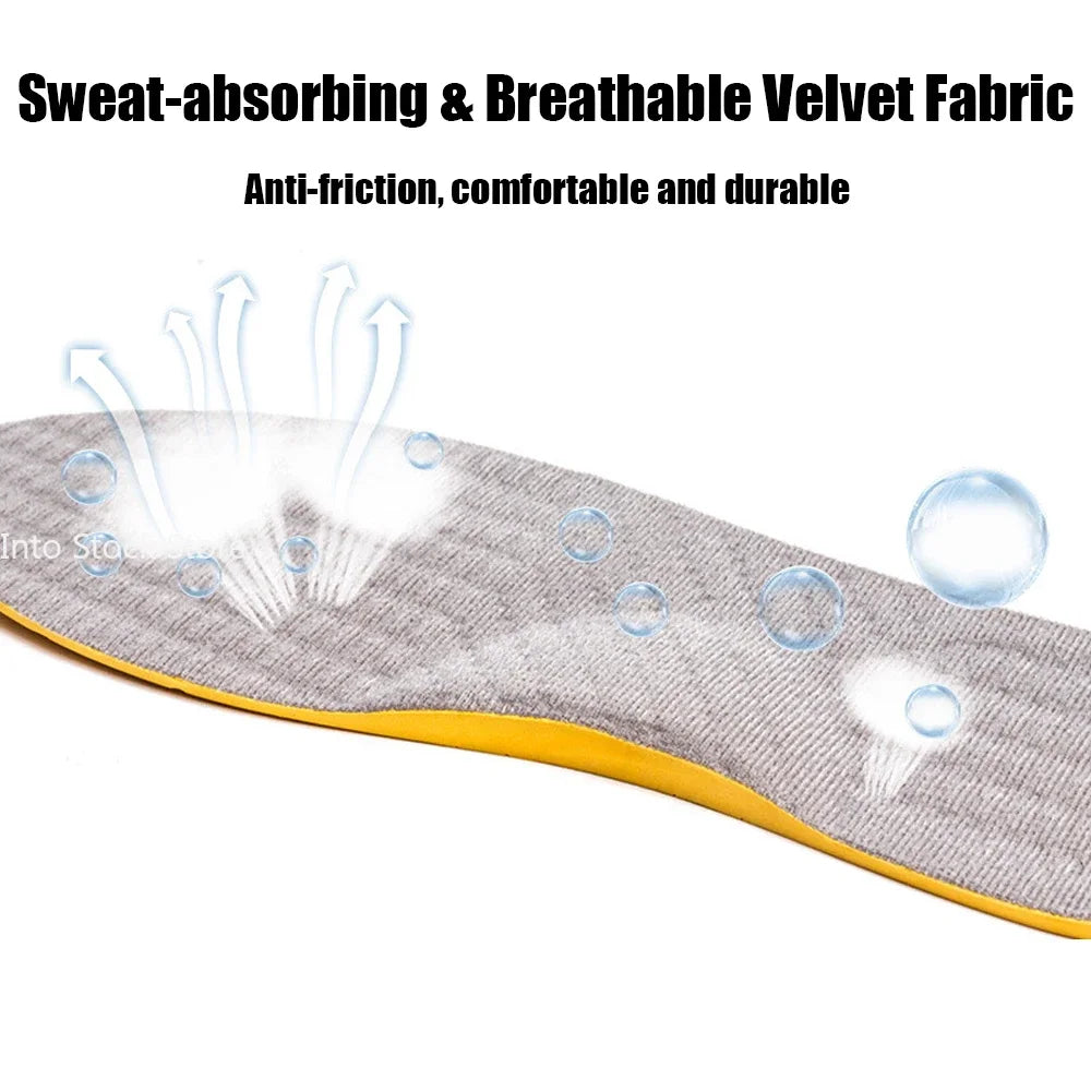Gray insole with yellow lining and text about sweat-absorbing and breathable fabric