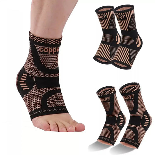 Copper compression socks on a foot with additional pairs displayed.