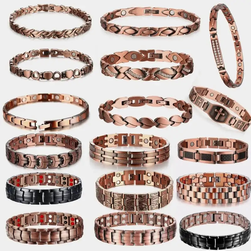 Collection of various copper and brass bracelets on a white background