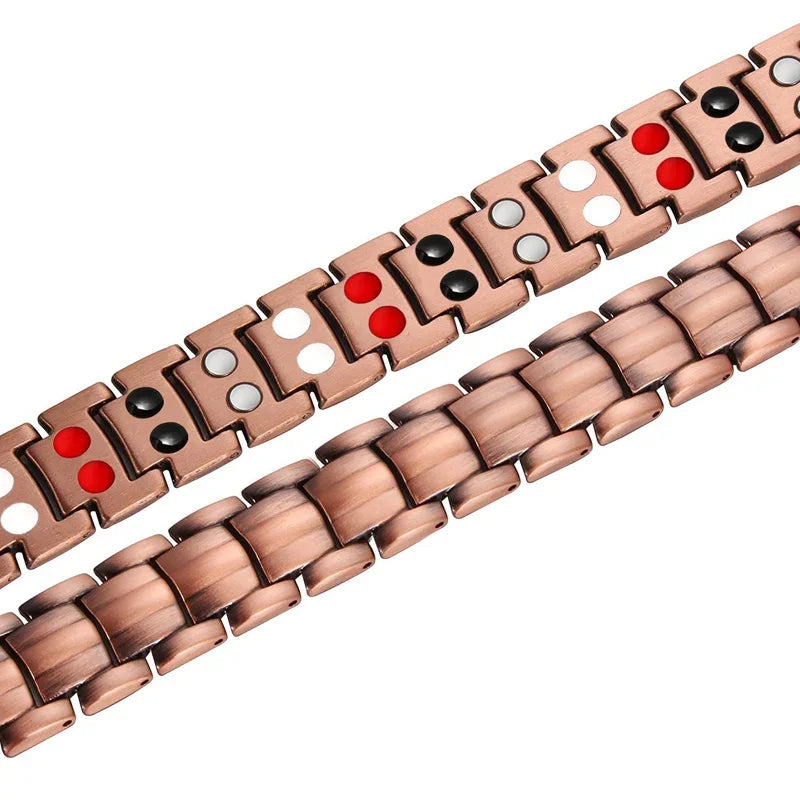 Rose gold bracelet with colored stones on a white background