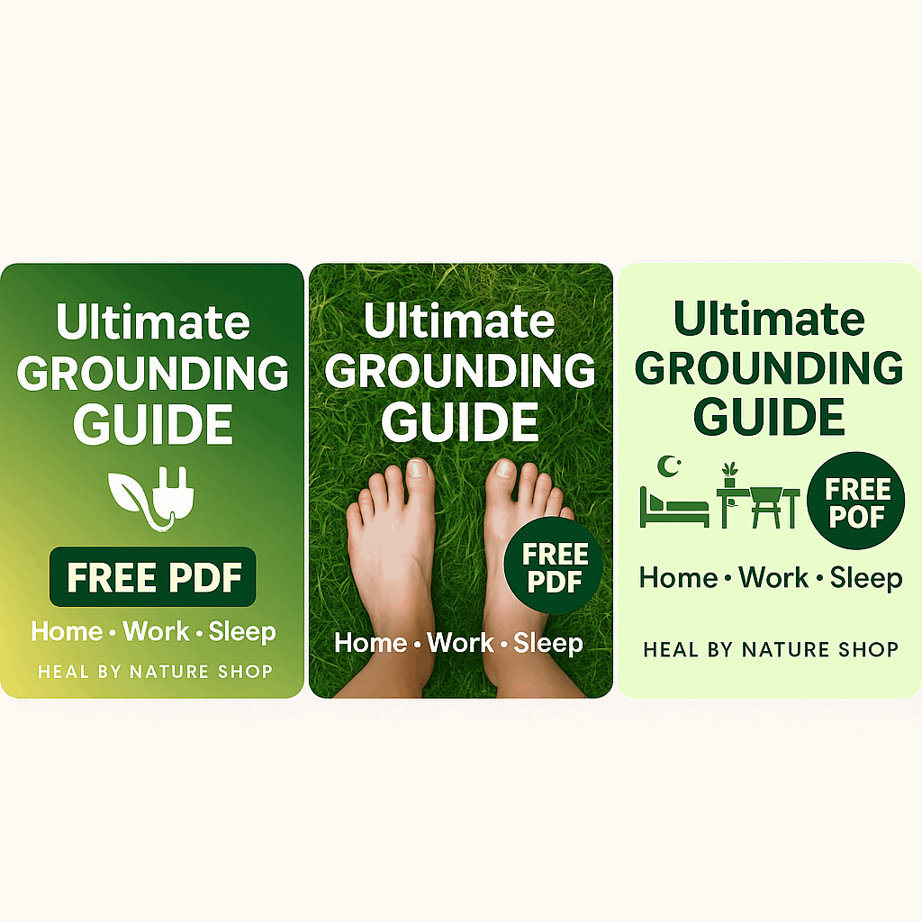Three promotional posters for 'Ultimate Grounding Guide' with foot imagery and 'Free PDF' text on a grass background.