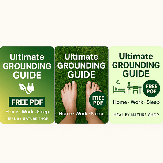 Three promotional posters for 'Ultimate Grounding Guide' with foot imagery and 'Free PDF' text on a grass background.