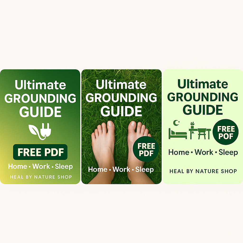 Three promotional posters for 'Ultimate Grounding Guide' with foot imagery and 'Free PDF' text on a grass background.