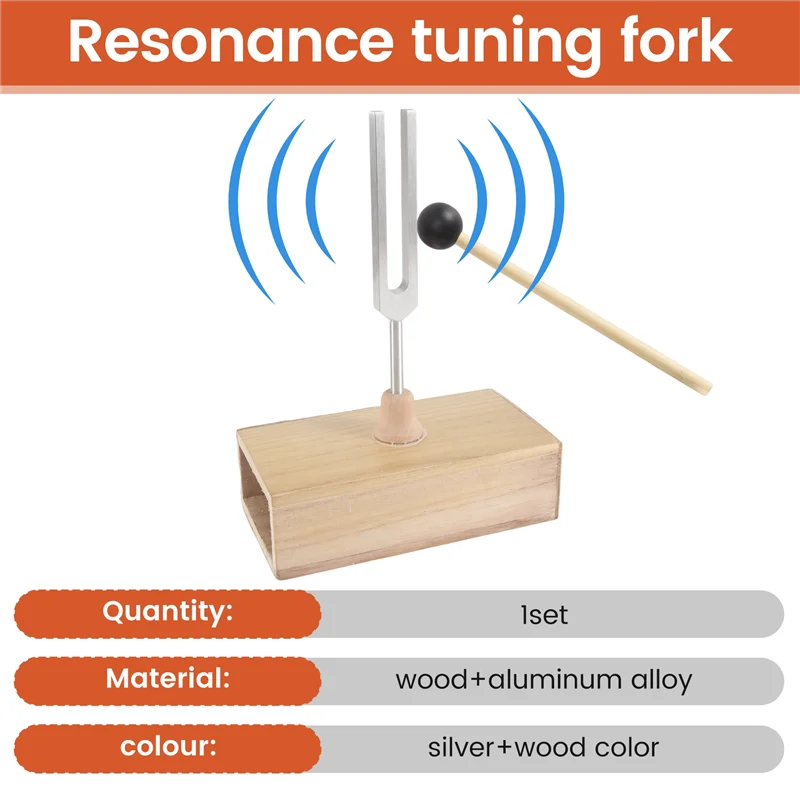 Resonance tuning fork with description of quantity, material, and color on a white background