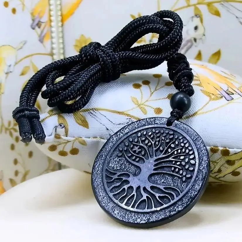 Natural Shungite Round Pendant — Handmade Necklace