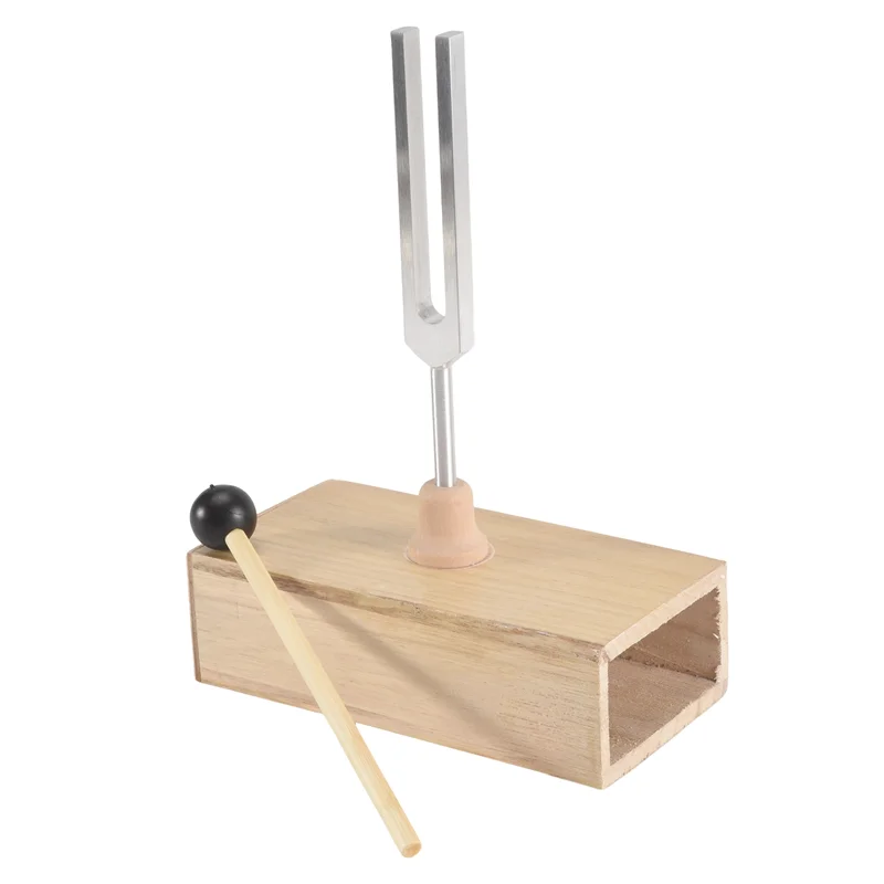 Tuning fork with wooden block and mallet on a white background